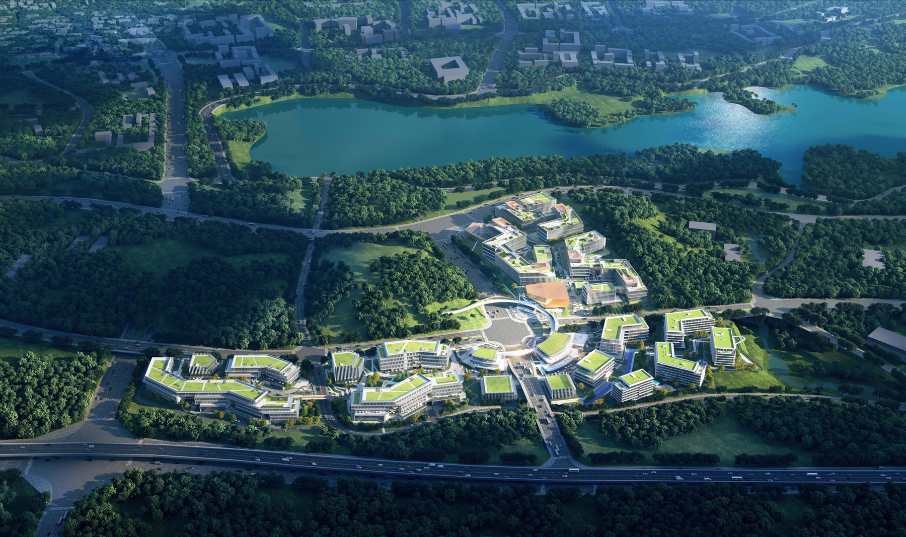 Aedas’s Liangjiang Collaborative Innovation Zone Phase 11 in Chongqing is depicted as a low‑ to mid‑rise innovation campus with clustered research buildings, extensive green roofs, central shared facilities, and surrounding woodland and lake systems. The aerial view highlights landscape‑led planning, distributed density, and sustainable innovation‑district masterplanning.