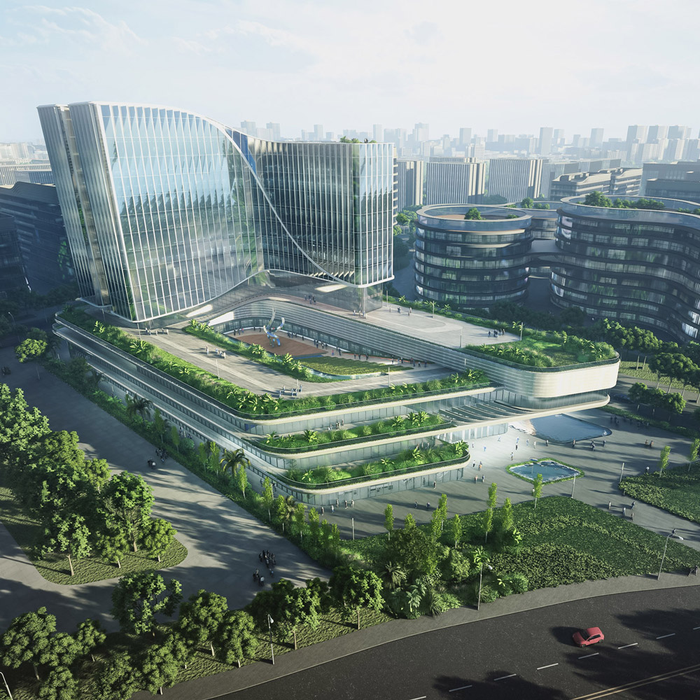 Aedas’s Akesobio Asia Pacific Headquarters in Guangzhou is shown as a research campus with curved glazed office towers, a layered landscaped podium, rooftop gardens, and integrated water features. The aerial view highlights campus‑scale massing, transparent façades, and strong integration between research buildings and green public space.