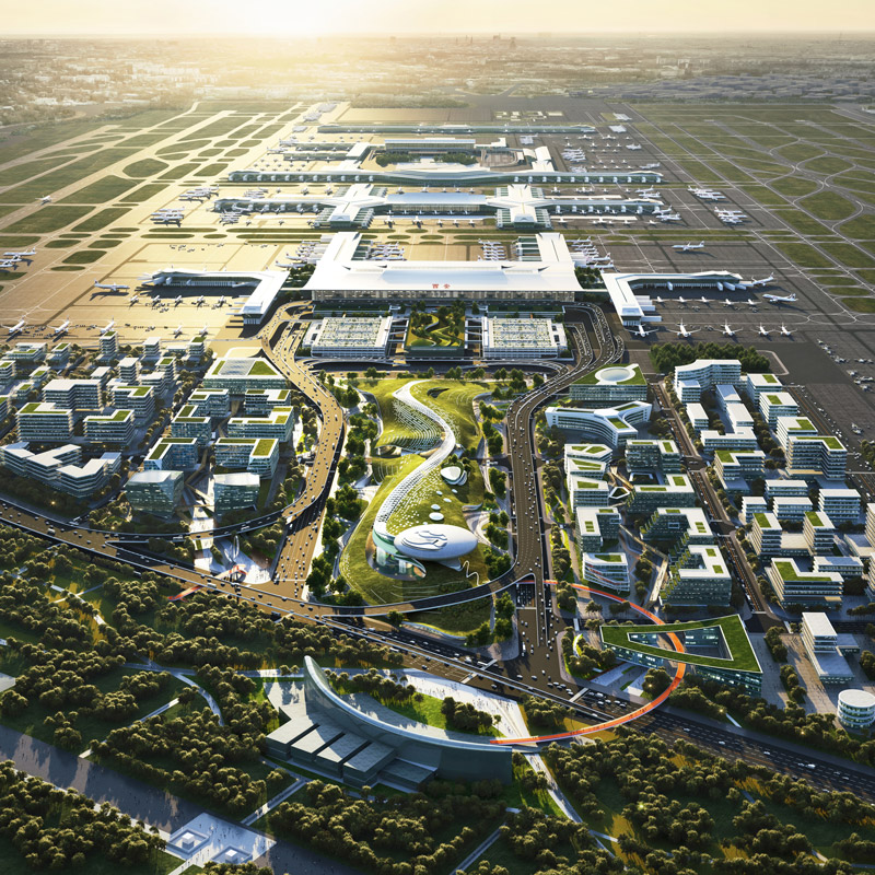Aedas’s T5 Terminal mixed‑use business district in Xi’an is shown as an airport‑adjacent masterplan integrating a major terminal complex, clustered commercial buildings, internal transport links, and extensive landscape systems. The aerial view highlights airport‑oriented development, large‑span terminal architecture, and sustainable urban planning supporting aviation‑led economic growth.