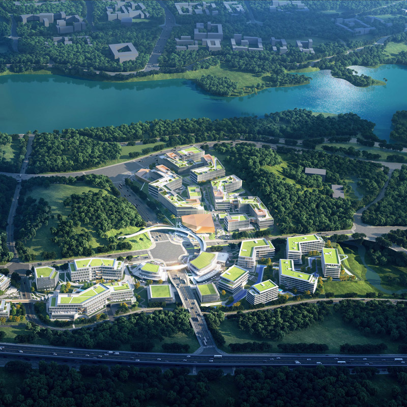 Aedas’s Liangjiang Collaborative Innovation Zone Phase 11 in Chongqing is depicted as a low‑ to mid‑rise innovation campus with clustered research buildings, extensive green roofs, central shared facilities, and surrounding woodland and lake systems. The aerial view highlights landscape‑led planning, distributed density, and sustainable innovation‑district masterplanning.