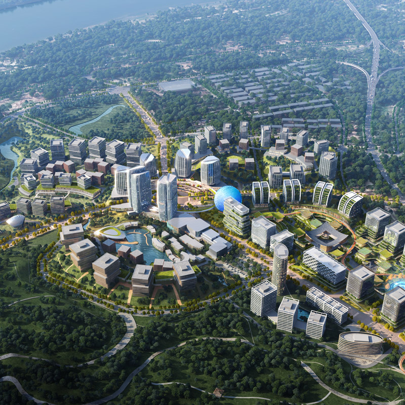 Aedas’s Lijia Smart Park West Zone is shown as a campus‑style urban district with mid‑rise office and mixed‑use buildings arranged around landscaped green corridors, internal streets, and public plazas. The aerial view highlights nature‑integrated masterplanning, distributed density, and sustainable urban design adapted to Chongqing’s hilly context.