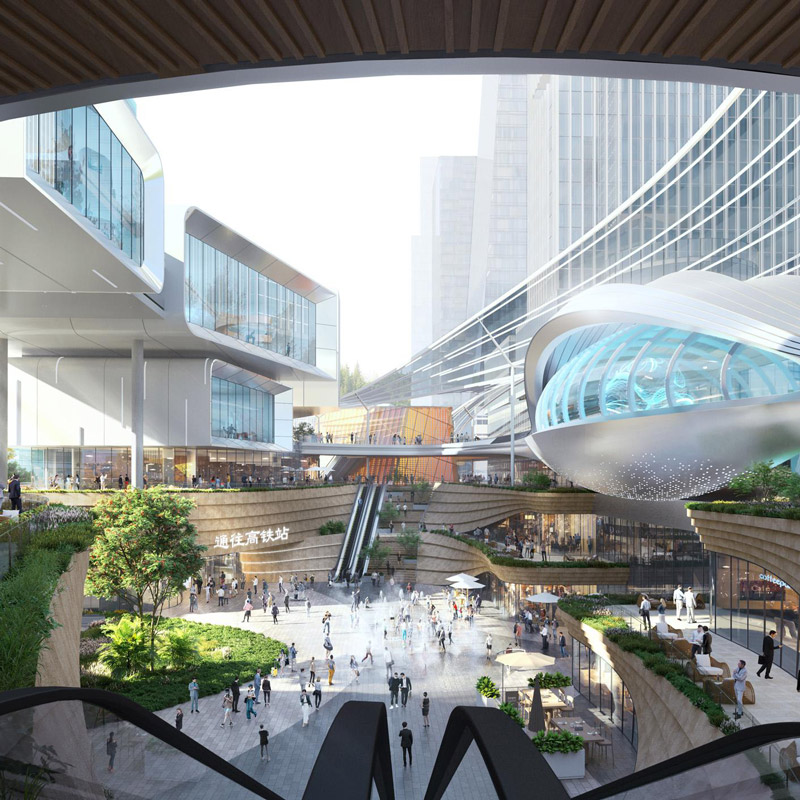 Aedas’ Shenzhen Luohu North High‑Speed Railway Station TOD is shown as a multi‑level, underground‑connected transport hub integrated with mixed‑use developments and terraced public plazas. The image highlights a fluid architectural language with glazed station volumes, layered pedestrian decks, and landscaped edges that merge rail infrastructure with commercial, civic, and urban life in a high‑density innovation district.