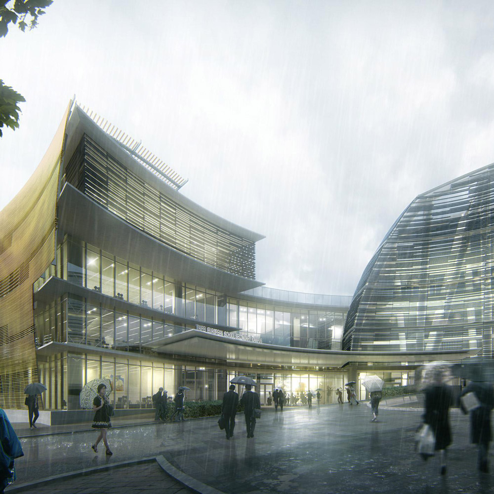 Aedas’ Taipei European School Yangmingshan Campus Redevelopment is shown as a contemporary school campus with curving, ventilated façades wrapped in laminated bamboo shading shells. The image highlights interconnected learning blocks set around landscaped courtyards, transparent classrooms, and sheltered circulation paths, creating a climatically responsive and culturally rooted educational environment integrated into the mountainous context of Yangmingshan.