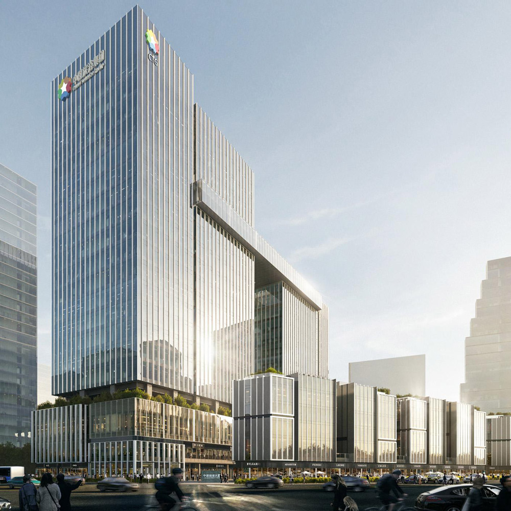 Aedas’ CTG Investment Building in Shenzhen is shown as a contemporary mixed‑use complex with a vertically layered office tower rising from an articulated retail podium. The image highlights slender glass façades with vertical fins, stepped building volumes, and a street‑oriented urban living room framed by double‑height retail blocks, creating a vibrant hybrid of commercial, public, and workplace spaces within the Greater Bay Area context.