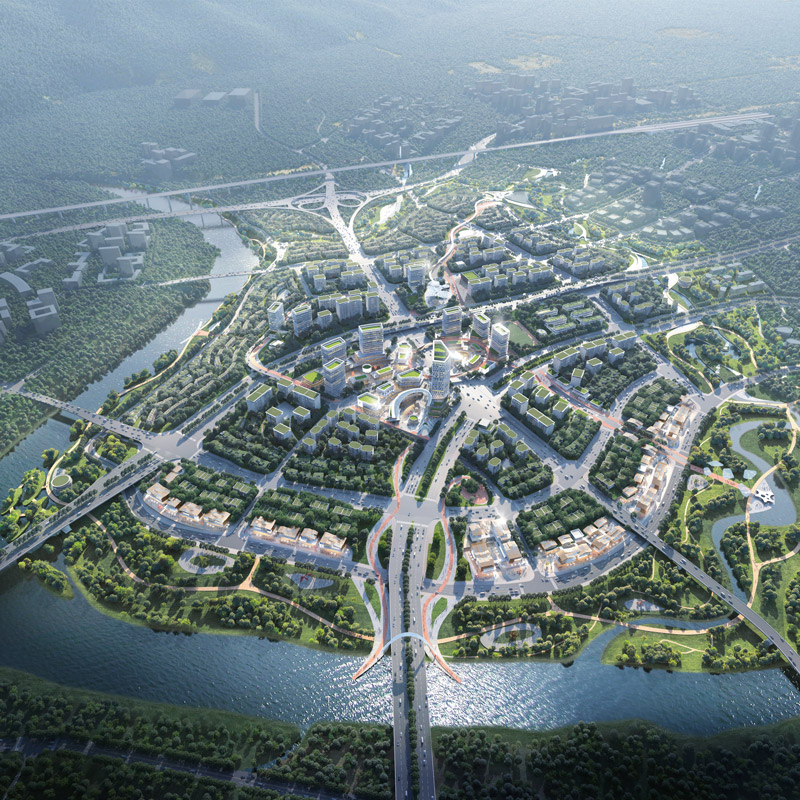 Aedas’s Liangjiang Yuzui OPN Area masterplan is depicted as a transit‑oriented urban district with a radial central core, high‑density mixed‑use development, integrated transport corridors, and surrounding riverfront green systems. The aerial view highlights TOD‑led planning, blue‑green infrastructure, and large‑scale urban regeneration in Chongqing.