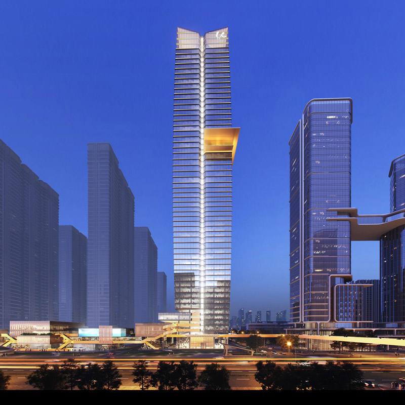 Aedas’ Wuhan Urban Construction Sky Center is shown as a striking super‑tall mixed‑use tower rising above a layered urban podium at dusk. The image highlights a slender, gently curved façade crowned by an illuminated cornice‑like top and a distinctive horizontal void at mid‑height, flanked by adjacent high‑rise blocks. The composition conveys a dynamic skyline landmark inspired by cranes in flight, integrating commercial, residential, and public spaces within Wuhan’s Cloud City development.