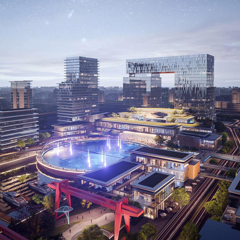 Aedas’ Hangzhou Canal Bay Complex Design in Shenzhen is shown as a landmark mixed‑use development with fluid, coiling building forms and interconnected towers rising from a circular podium. The image highlights a sculptural urban composition featuring sky bridges, rooftop amenities, illuminated water features, and layered public terraces that integrate retail, offices, hotel, and communal spaces into a bold, innovation‑driven city icon inspired by natural forms and cultural symbolism.