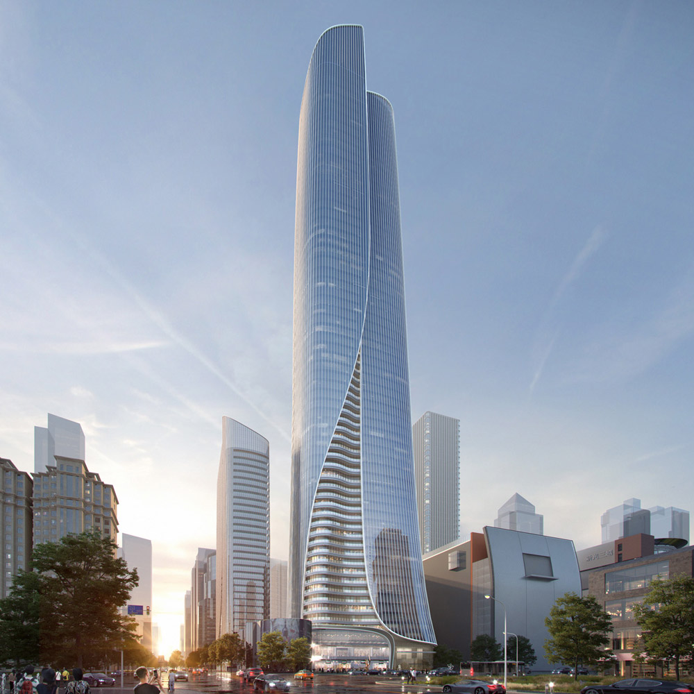 Aedas’ Taichung Xitun District Sec. Huiguo Plot 90 Retail & Office Project is shown as a super‑slender 325‑metre mixed‑use tower with a fluid, waterfall‑inspired glass façade and vertical metallic fins. The image highlights a cascading form articulated by layered balconies and reflective curtain walls, rising above an integrated retail podium to create a striking new skyline icon adjacent to Taichung’s civic and cultural core.
