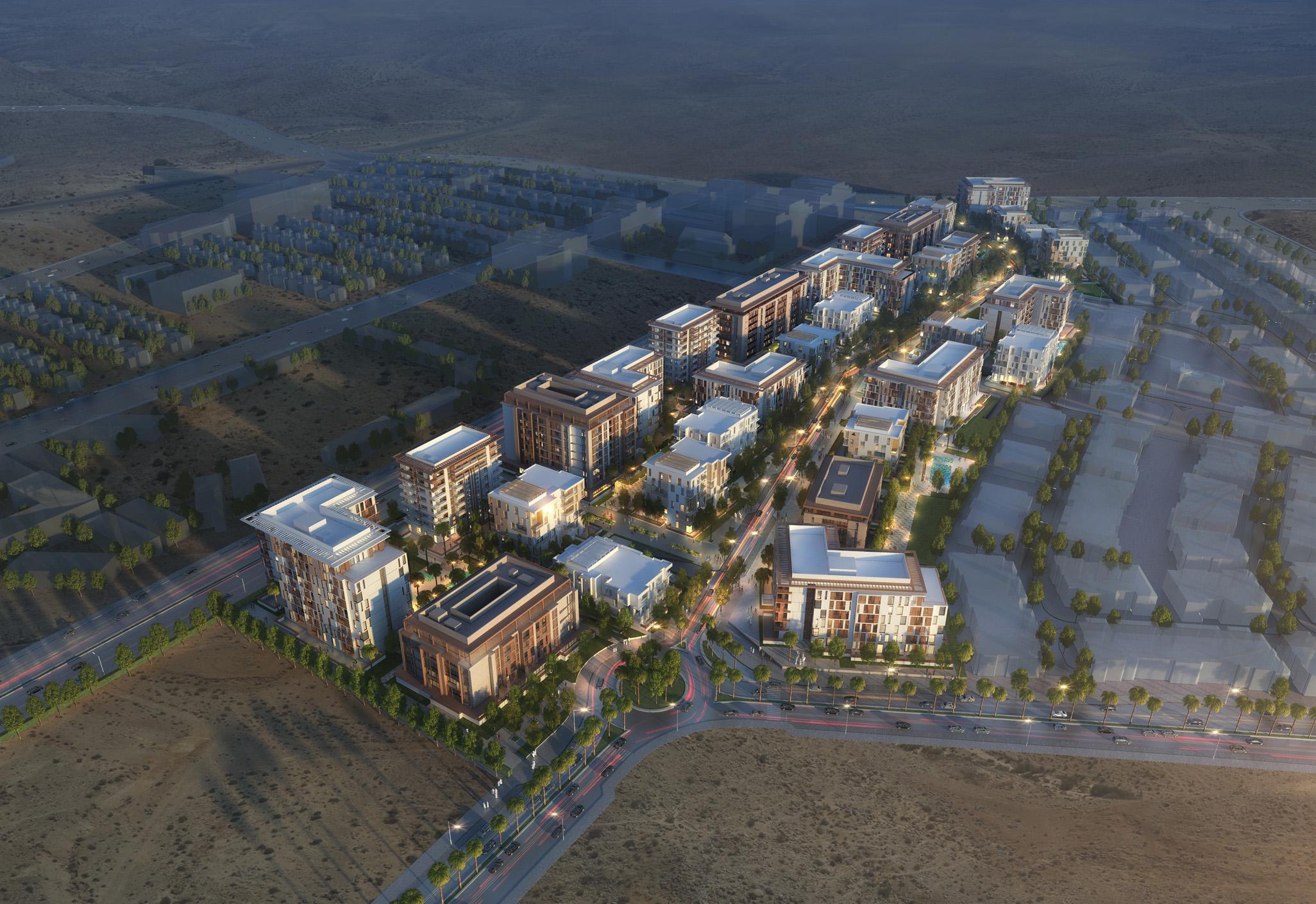 Aedas’ Jebel Ali Village Phase 2 in Dubai is shown as a residential hillside community organised around a central landscaped boulevard, with low‑rise contemporary buildings arranged in village‑like clusters. The aerial view highlights pedestrian‑friendly streets, shared amenities, varied architectural massing, and warm lighting that together create a modern reinterpretation of traditional village living overlooking a central park.