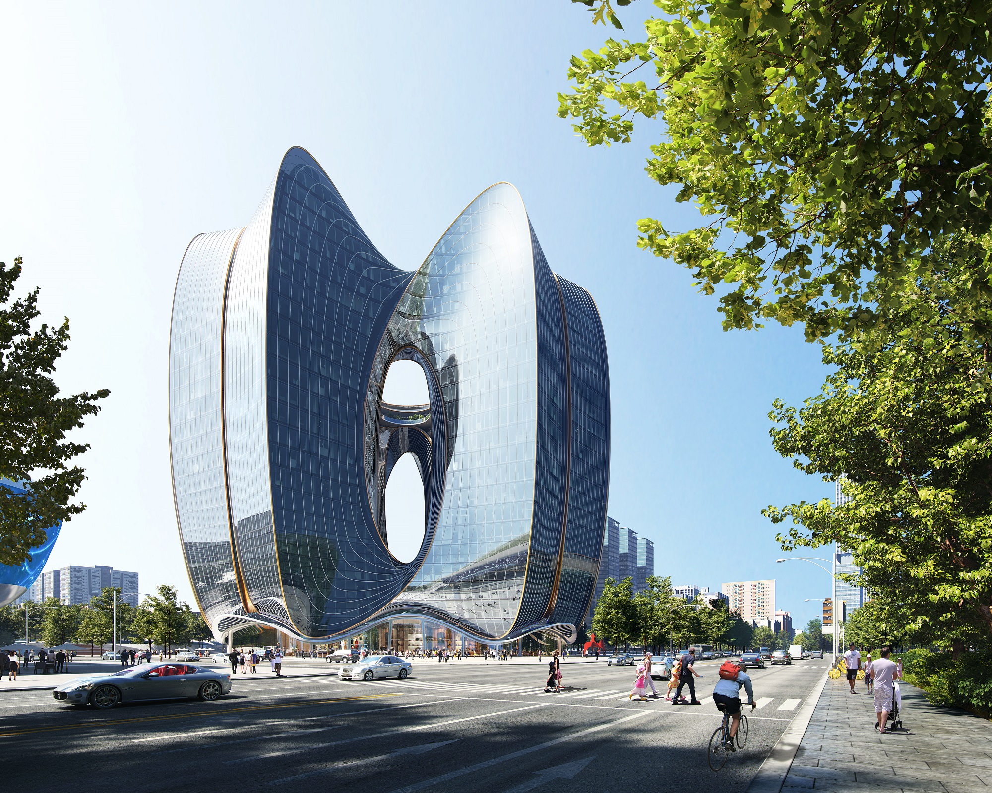 Aedas’ Shenzhen Genzon Technology Innovation Center is shown as an iconic mixed‑use landmark with fluid, coiling tower forms connected by a circular podium and elevated sky bridge. The image highlights a sculptural glass façade inspired by bougainvillea petals, integrating offices, hotel, retail, and communal amenities into a dynamic, people‑centric innovation hub framed by broad boulevards and urban greenery.