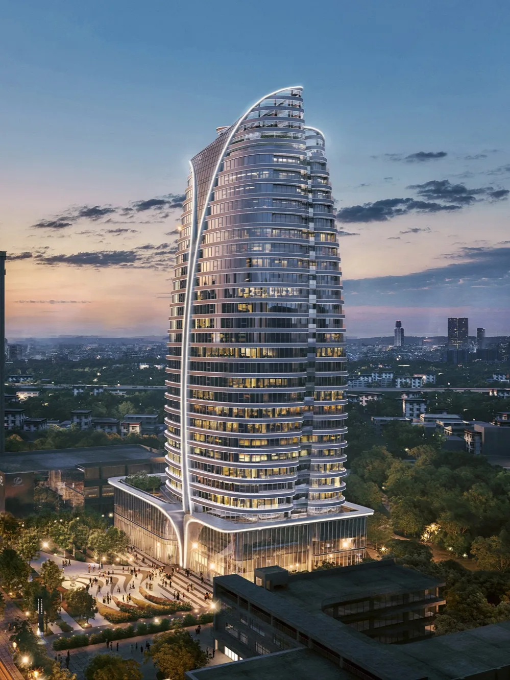 Aedas’ Taoyuan NFC National Financial Center in Taoyuan is shown as a sculptural high‑rise office tower with staggered, mountain‑like massing and sloping rooflines. The image highlights a dark glass curtain‑wall façade articulated with horizontal bands, rising above a landscaped public plaza. The tower’s dynamic silhouette and waterfall‑like glazing establish a powerful skyline presence inspired by traditional Chinese landscape painting, integrating corporate identity with urban openness.