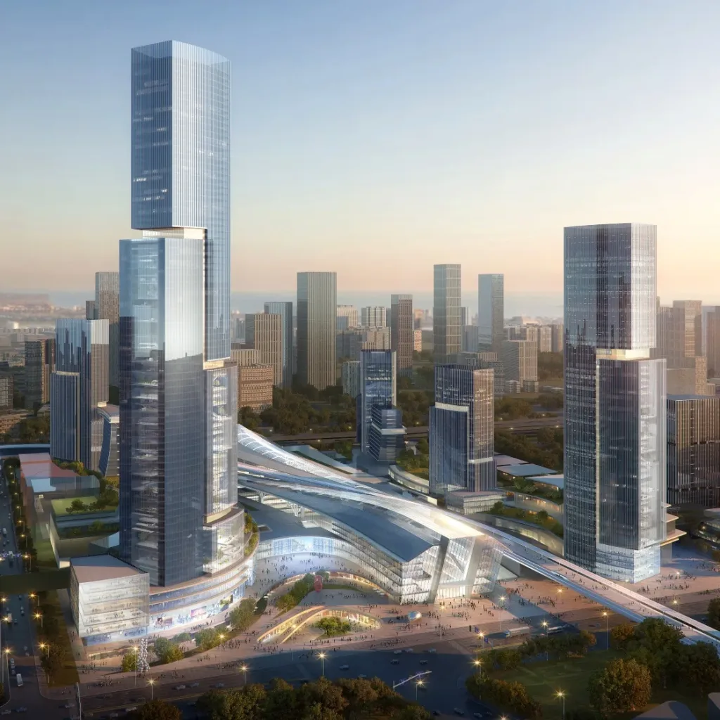 Aedas’s urban design for the Xili Integrated Transportation Hub Area is depicted as a high‑density transit‑oriented district with landmark high‑rise towers, a centrally integrated transportation concourse, and podium‑based mixed‑use blocks. The image highlights layered mobility infrastructure, vertical density, and large‑scale TOD masterplanning within Shenzhen’s metropolitan context.