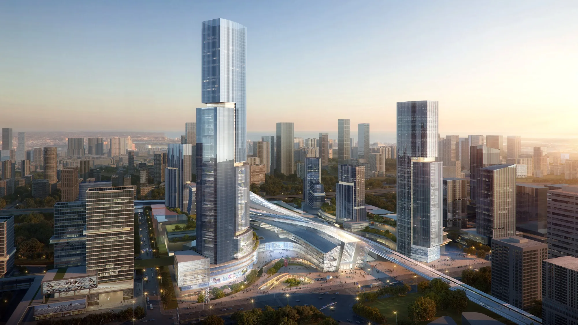Aedas’s urban design for the Xili Integrated Transportation Hub Area is depicted as a high‑density transit‑oriented district with landmark high‑rise towers, a centrally integrated transportation concourse, and podium‑based mixed‑use blocks. The image highlights layered mobility infrastructure, vertical density, and large‑scale TOD masterplanning within Shenzhen’s metropolitan context.