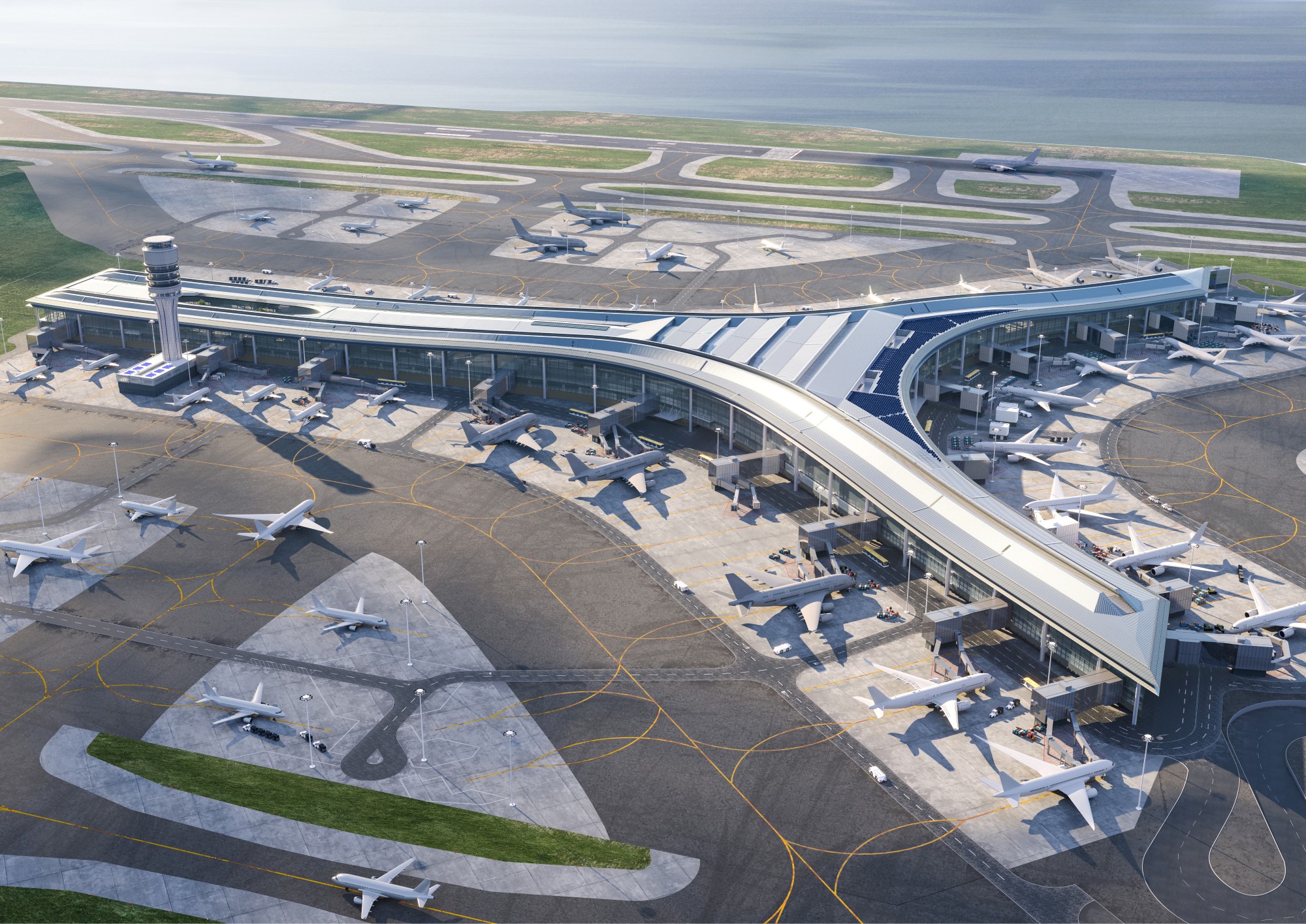 Aedas’ HKIA Terminal 2 Concourse with linear curved roof, bridge‑served gates and glazed airside façade on reclaimed island. Aerial view of the Aedas-designed HKIA Terminal 2 Concourse, showing a long-span linear curved roof over a 27‑gate airside terminal. Aircraft are docked at bridge-served stands along a continuous glazed façade, with apron circulation, control tower, and parallel runways visible within the coastal airport landscape.