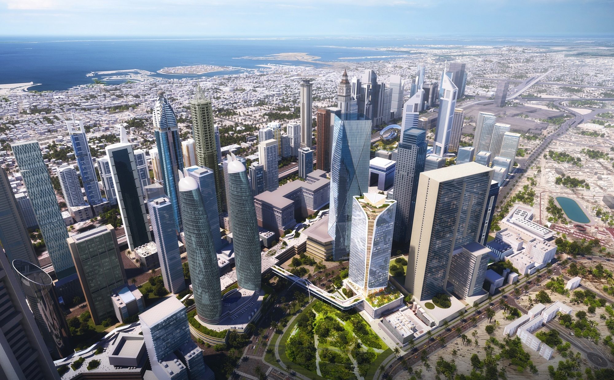 Aedas’ Immersive Tower by DIFC in Dubai is shown within the wider financial district as a sculptural mixed‑use landmark defined by twin V‑cut forms and vertical fin façades. The aerial view highlights stepped sky terraces, a landscaped podium with communal spaces, and the tower’s integration into the DIFC skyline, reinforcing a people‑centric, innovation‑driven urban destination.