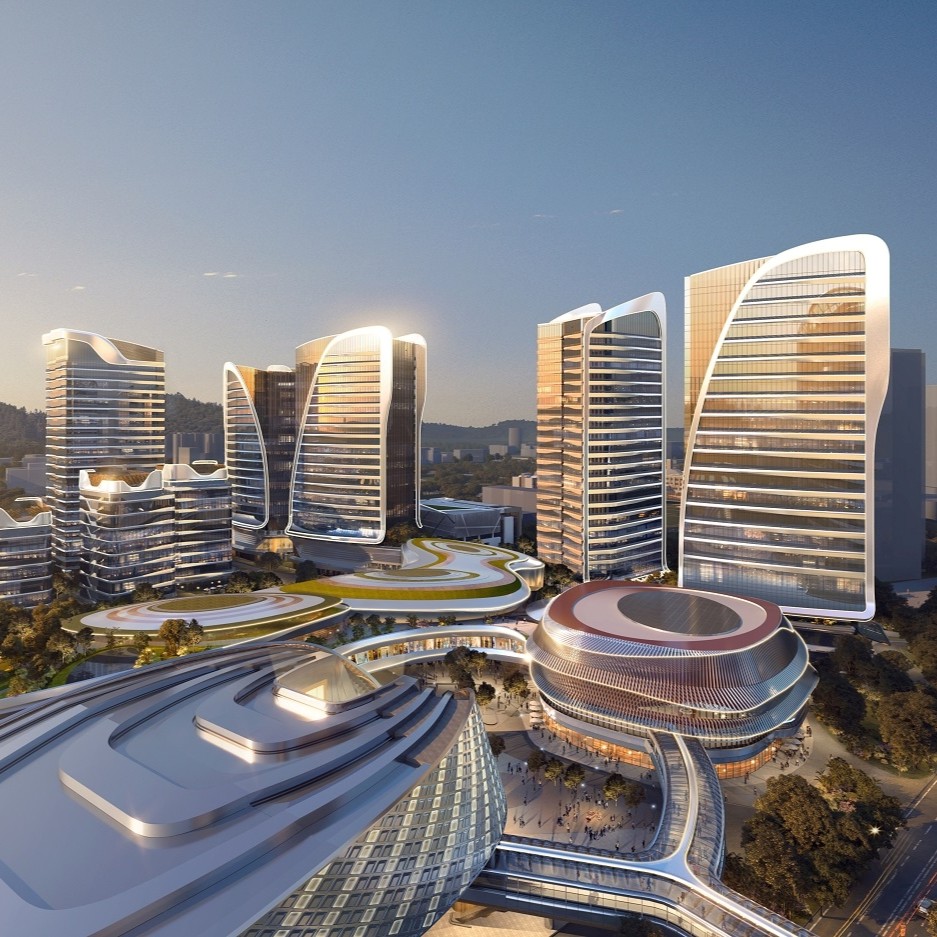 Aedas’ Novotown Phase II in Zhuhai is shown as a large‑scale mixed‑use cultural and commercial precinct with sculptural mid‑ and high‑rise buildings, flowing roof forms, and interconnected public landscapes. The image highlights a masterplan organised around curved podiums, green corridors, and civic plazas that integrate retail, entertainment, sports, and cultural facilities into a cohesive urban destination at Hengqin Island’s cultural core.