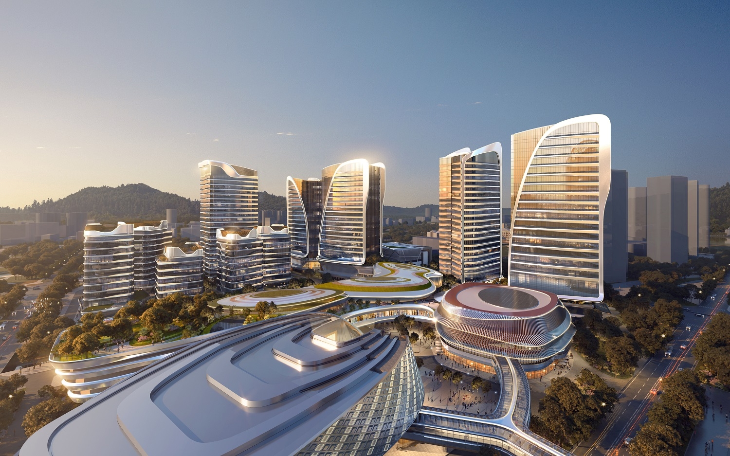 Aedas’ Novotown Phase II in Zhuhai is shown as a large‑scale mixed‑use cultural and commercial precinct with sculptural mid‑ and high‑rise buildings, flowing roof forms, and interconnected public landscapes. The image highlights a masterplan organised around curved podiums, green corridors, and civic plazas that integrate retail, entertainment, sports, and cultural facilities into a cohesive urban destination at Hengqin Island’s cultural core.