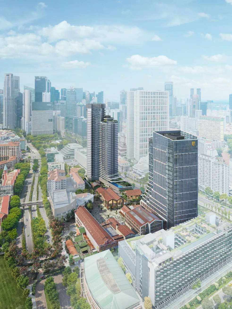 Aedas’ Union Square in Singapore is shown as a landmark mixed‑use development along the Singapore River, integrating high‑rise office and residential towers with conserved shophouses, landscaped promenades, and pedestrian‑friendly streets. The aerial view highlights a cohesive urban composition that reconnects riverfront spaces, activates public realms, and embeds contemporary architecture within a historic city fabric to create a vibrant, community‑oriented destination.