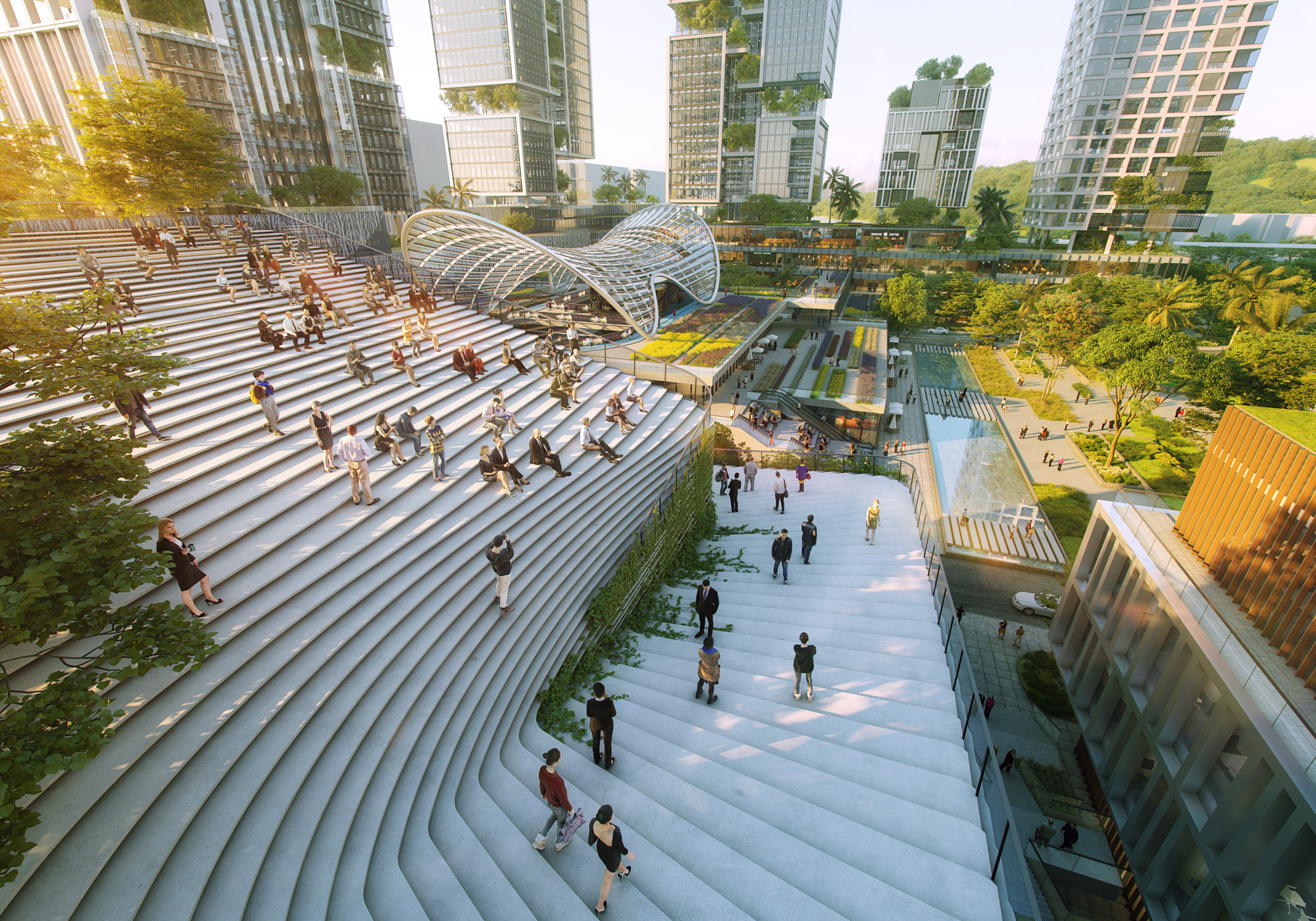 Aedas’ Yitian Group HuangGeKeng Silicon Valley New Town in Shenzhen is shown as a people‑oriented, high‑tech mixed‑use district with stepped public terraces, a sculptural glass‑canopied pavilion, and interconnected office towers. The image highlights an innovation‑driven urban masterplan integrating workplaces, retail, and landscaped social spaces around a central green spine designed to encourage activity, interaction, and future‑ready living.