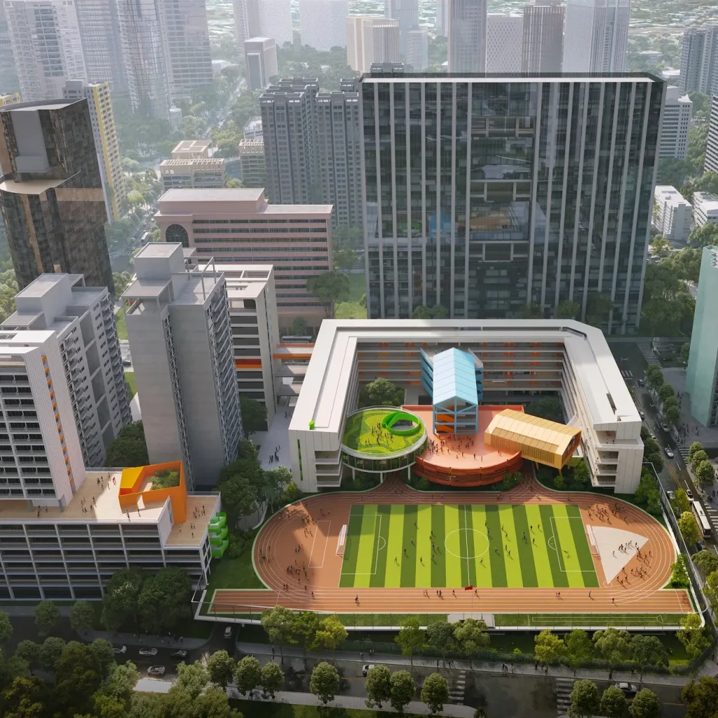 Aedas’ Shenzhen Chuanbu Street Experimental School is shown as a compact urban campus organised around a central sports field with a circular running track, surrounded by low‑rise teaching blocks and landscaped terraces. The aerial view highlights a people‑centric educational environment integrated into dense high‑rise surroundings, where daylight‑oriented building placement, buffered open space, and clear circulation create a vibrant waterfront learning oasis within Shenzhen’s urban renewal district.