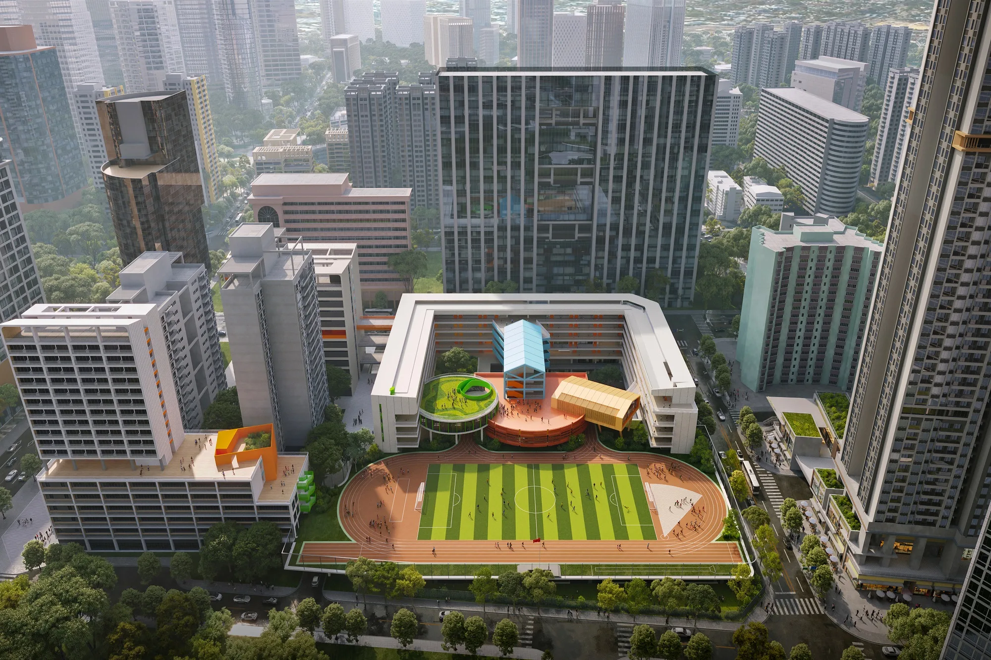 Aedas’ Shenzhen Chuanbu Street Experimental School is shown as a compact urban campus organised around a central sports field with a circular running track, surrounded by low‑rise teaching blocks and landscaped terraces. The aerial view highlights a people‑centric educational environment integrated into dense high‑rise surroundings, where daylight‑oriented building placement, buffered open space, and clear circulation create a vibrant waterfront learning oasis within Shenzhen’s urban renewal district.