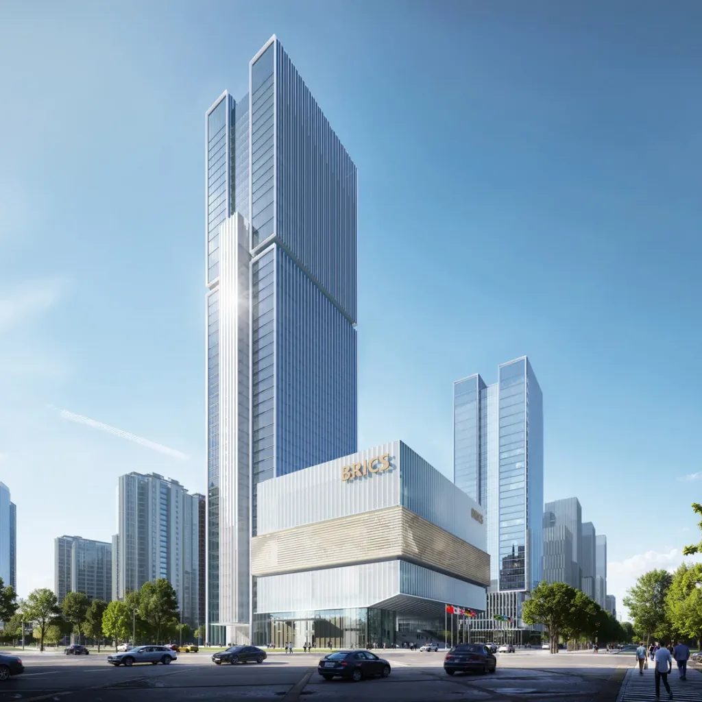 Aedas’ Headquarters Area of BRICS Partnership on New Industrial Revolution Innovation Center in Xiamen is shown as a high‑density mixed‑use complex with a dominant super‑tall tower rising from an elevated podium plaza. The image highlights vertically stacked programs, a lifted ground plane forming a civic forecourt, clear rectilinear glass façades, and a composition that integrates offices, hotel, convention facilities, and residential elements into a cohesive financial‑district landmark designed for connectivity and innovation.