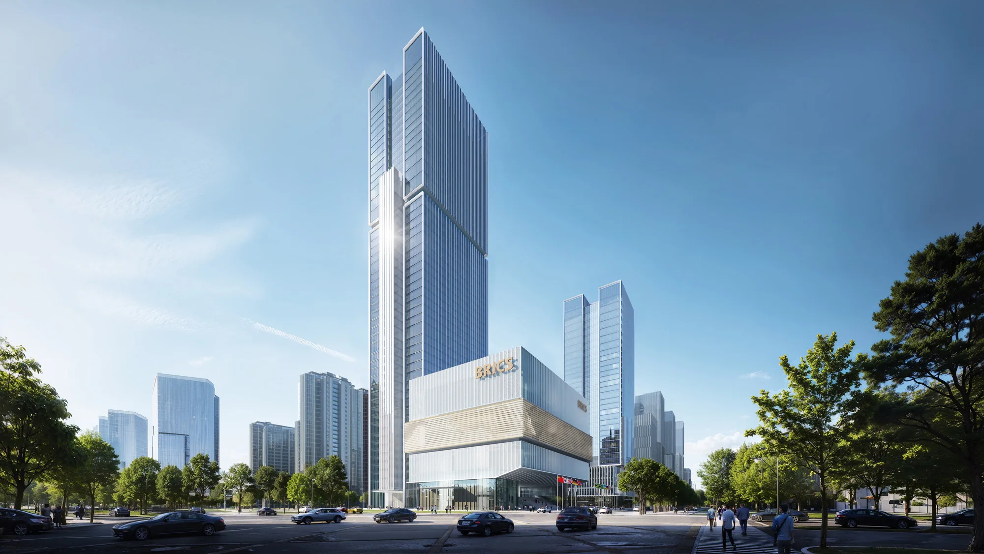 Aedas’ Headquarters Area of BRICS Partnership on New Industrial Revolution Innovation Center in Xiamen is shown as a high‑density mixed‑use complex with a dominant super‑tall tower rising from an elevated podium plaza. The image highlights vertically stacked programs, a lifted ground plane forming a civic forecourt, clear rectilinear glass façades, and a composition that integrates offices, hotel, convention facilities, and residential elements into a cohesive financial‑district landmark designed for connectivity and innovation.
