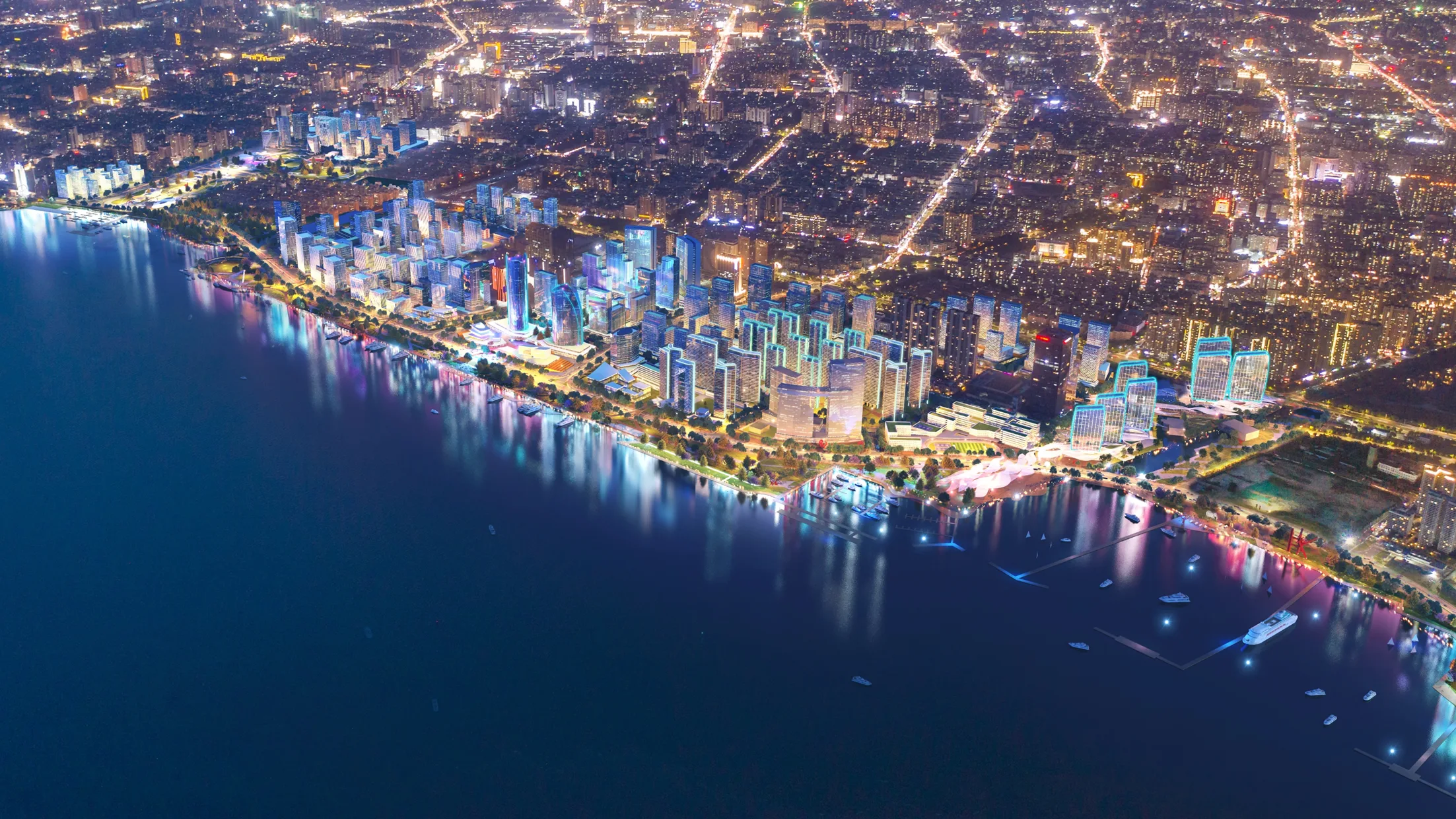 Aedas’s Eastern Guangdong Intercity Railway urban design is depicted as a coastal corridor with high‑density mixed‑use development aligned along the waterfront and rail infrastructure. The night aerial view highlights illuminated transport nodes, TOD‑driven urban blocks, and integrated shoreline public realm supporting intercity connectivity in Shantou.