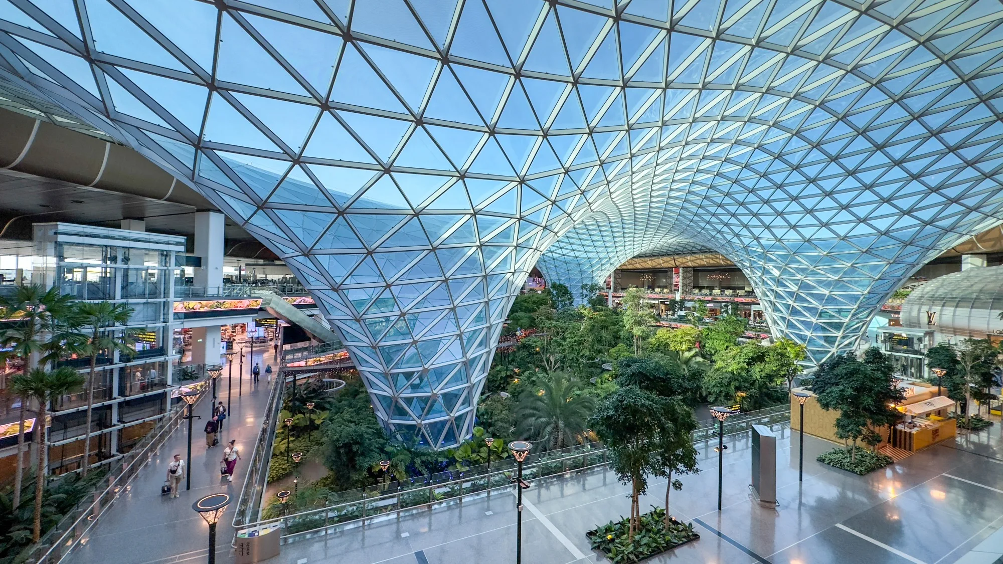 Aedas’ HIA Central Concourse with column‑free grid shell roof over indoor tropical garden beneath glazed skylights, Doha. Interior view of the Aedas-designed Central Concourse at Hamad International Airport, Doha, showing an 85‑metre column‑free steel grid shell roof with triangulated glazing. Natural light filters through the roof structure onto a large indoor tropical garden with trees, water features and elevated passenger walkways, integrated within the airport’s climate‑controlled terminal environment.