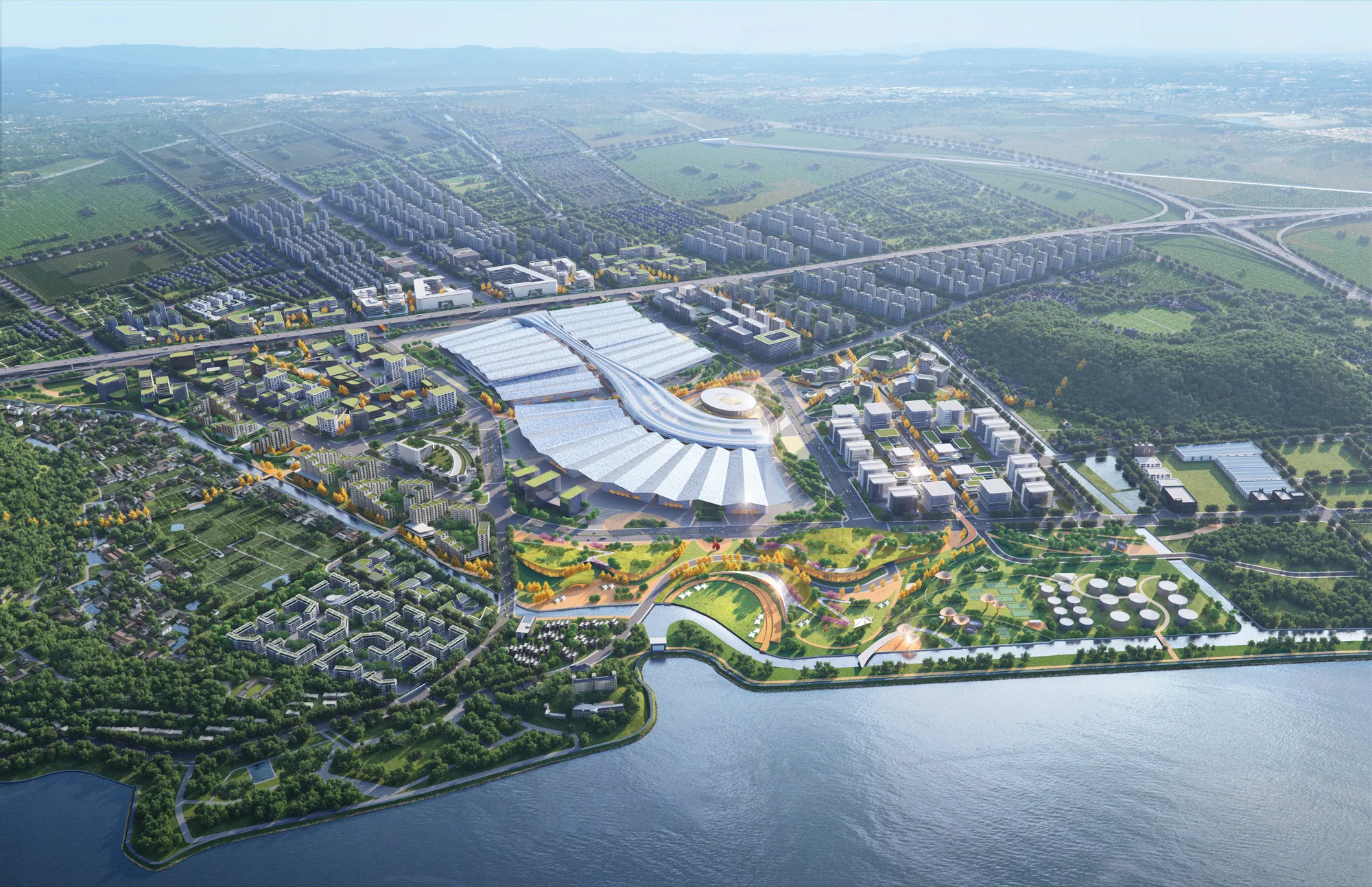 Aedas’s Hangzhou Global Digital Trade Hub is shown as a waterfront masterplan featuring a large‑span exhibition and convention complex, surrounding mixed‑use blocks, extensive public parkland, and integrated transport infrastructure. The aerial view highlights blue‑green systems, campus‑scale planning, and sustainable urban development supporting digital trade and logistics functions.