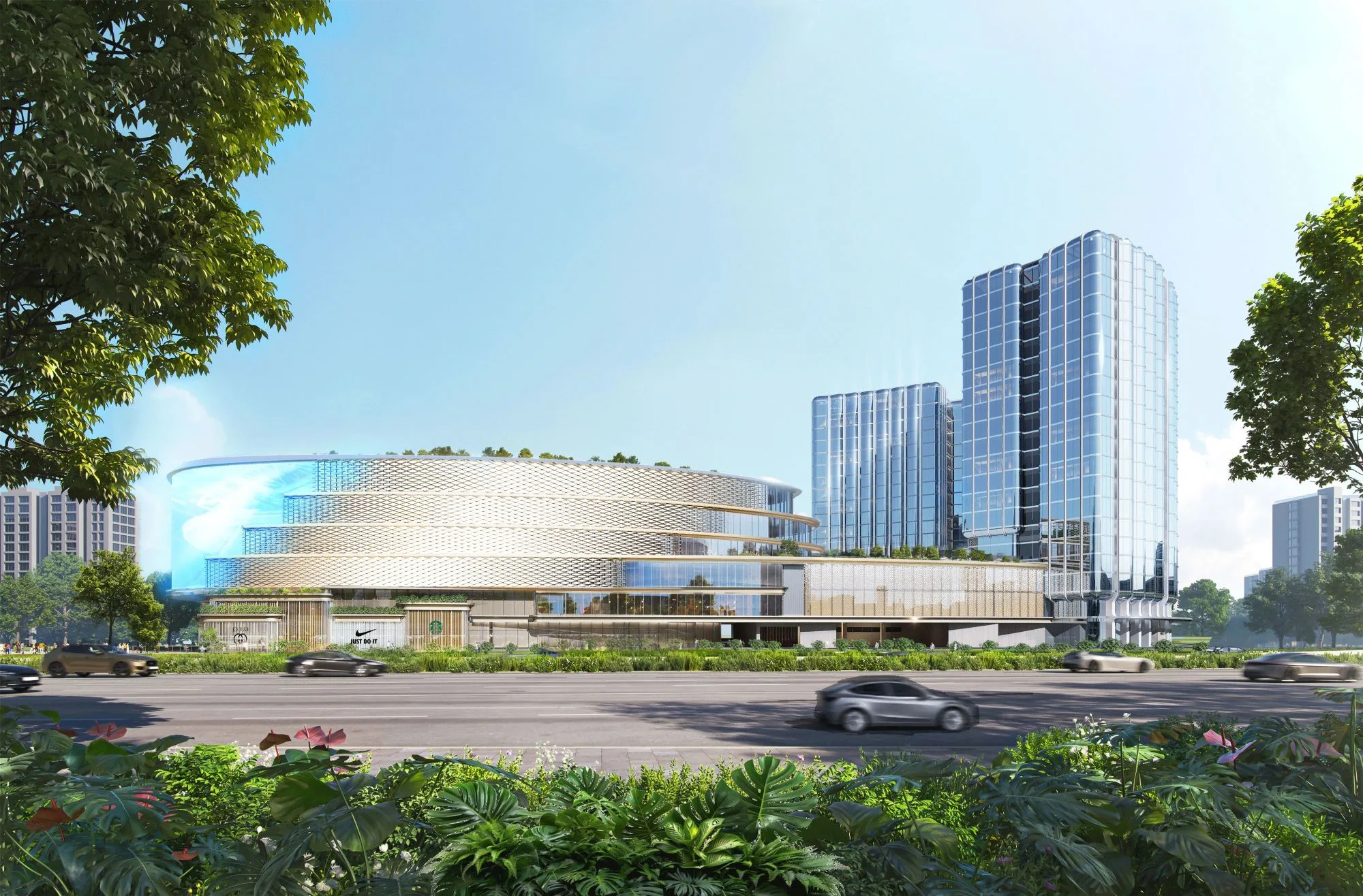 Aedas’ Hangzhou Yuhang Future Science and Technology City Mixed‑use Project is shown as a contemporary urban complex with softly curved podium architecture and twin glazed towers set around a central landscaped garden. The image highlights a calm, people‑oriented development where layered terraces, integrated greenery, and transparent façades connect commercial, hotel, and public spaces, forming a vibrant science‑and‑innovation hub seamlessly embedded within surrounding urban greenery and transport corridors.