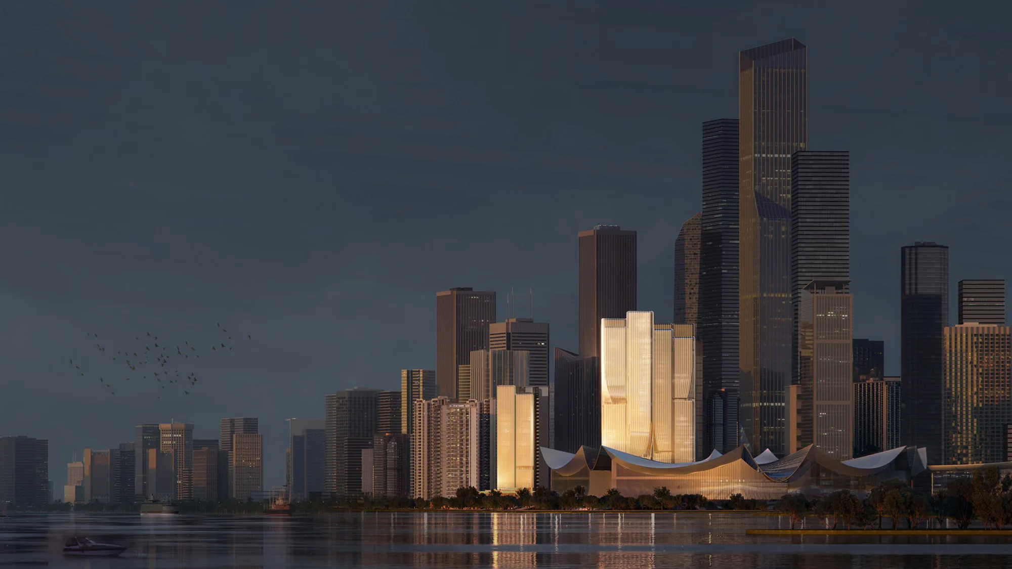Aedas’ Hengli Island Plot 2021NJY‑12 Mixed‑use Project in Guangzhou is shown as an iconic waterfront commercial landmark with sculptural twin towers clad in champagne‑toned glass rising from a fluid podium. The image highlights organically contoured massing inspired by magnolia blossoms and waves, illuminated façades reflecting sea and sky, and layered podium forms integrating Lingnan‑influenced public spaces, retail, and landscaped terraces, establishing a refined financial‑island skyline presence.