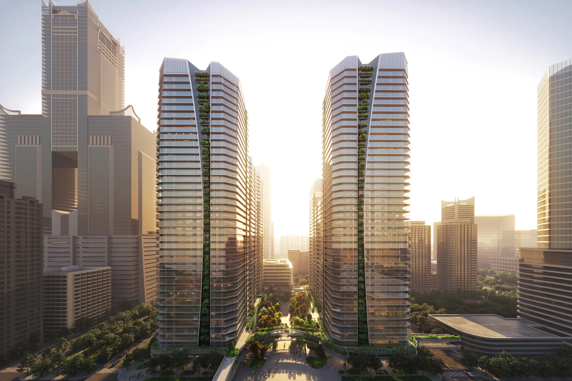 Aedas’ Kaohsiung Multifunctional Economic & Trade Zone Temao (Three) North Plot is shown as a landmark waterfront office district composed of six slender towers arranged symmetrically around a central landscaped plaza. The image highlights wave‑like façade articulation with vertical greenery bands, integrated podium terraces, and a port‑inspired skyline that evokes “setting sail,” combining sustainable design, public realm activation, and high‑density commercial functions within Kaohsiung’s harbourfront setting.
