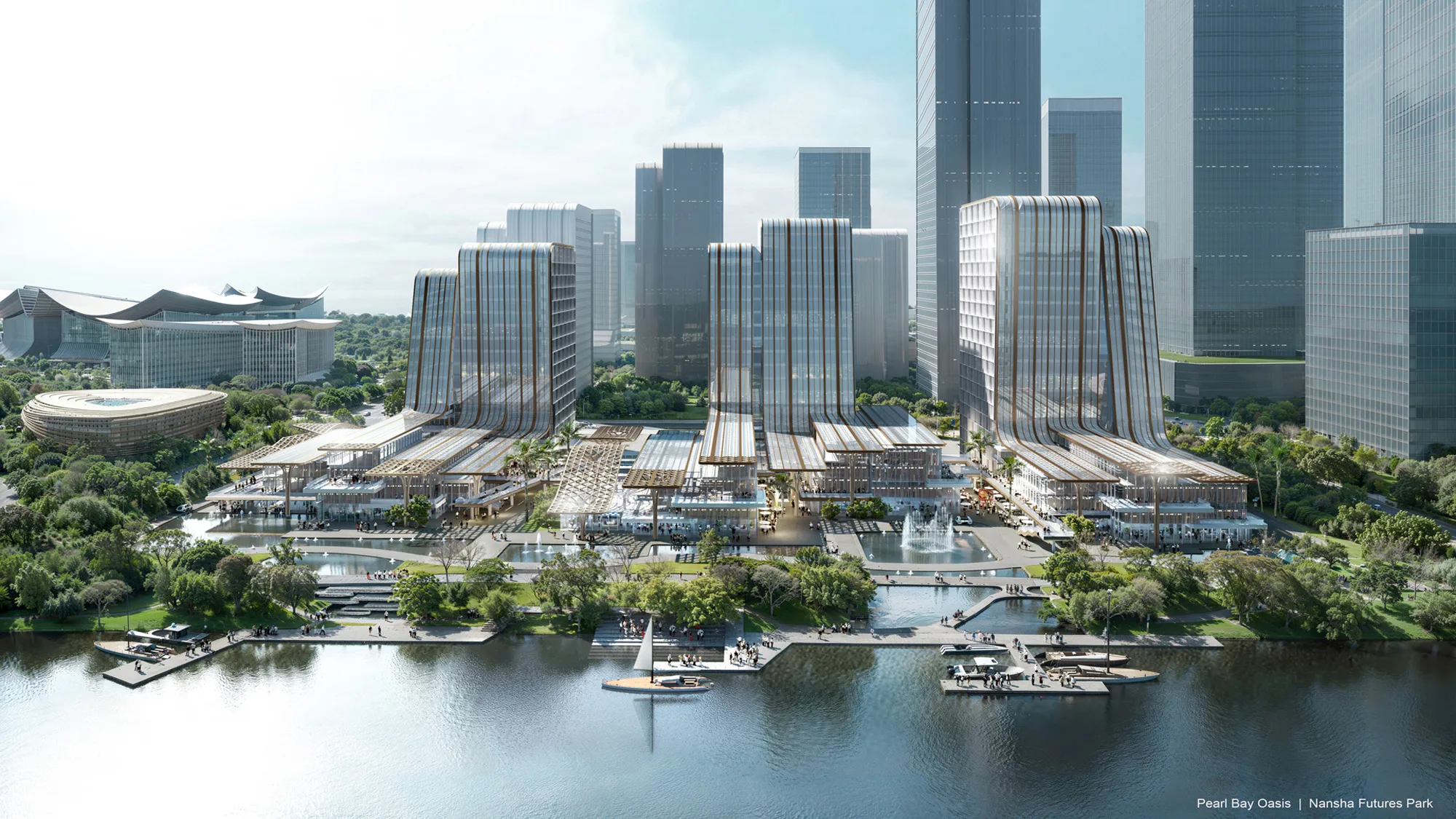 Aedas’ Nansha Futures Industrial Park in Guangzhou is shown as a waterfront financial campus composed of three terraced office towers stepping down toward the river, anchored by low‑rise podiums and landscaped public plazas. The image highlights a grid‑based masterplan with linear water axes, shaded walkways, and activated riverfront edges, integrating workspaces, leisure areas, and greenery to create a balanced industry‑work‑life ecosystem within Nansha International Financial Island.