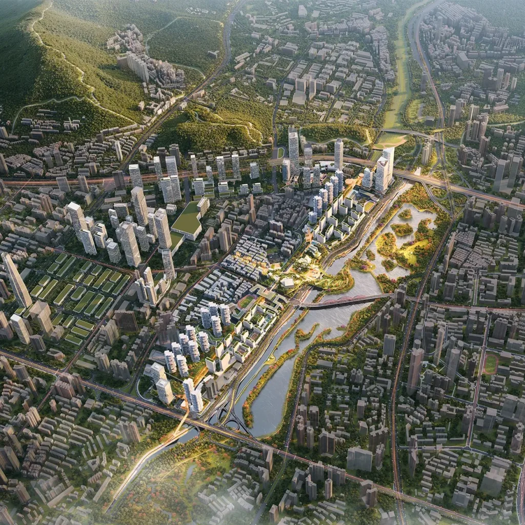 Aedas’s Sungang National Rail Depot urban design in Luohu District is shown as a high‑density, rail‑integrated redevelopment with mixed‑use towers, linear green corridors, water features, and reorganized urban blocks. The aerial view highlights infrastructure‑led regeneration, TOD principles, and landscape‑driven public space spanning the former rail depot site.