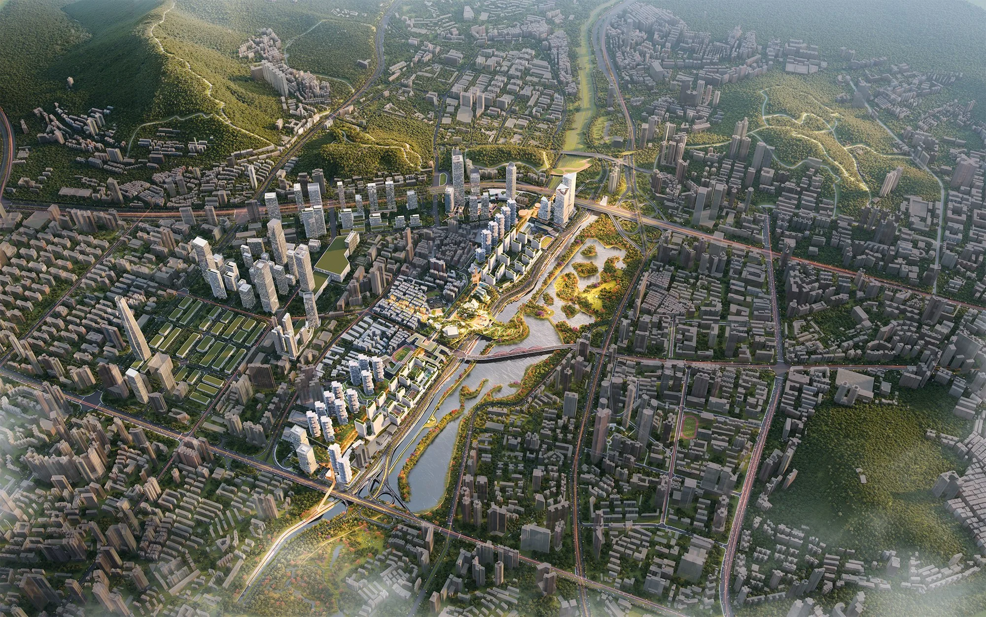 Aedas’s Sungang National Rail Depot urban design in Luohu District is shown as a high‑density, rail‑integrated redevelopment with mixed‑use towers, linear green corridors, water features, and reorganized urban blocks. The aerial view highlights infrastructure‑led regeneration, TOD principles, and landscape‑driven public space spanning the former rail depot site.