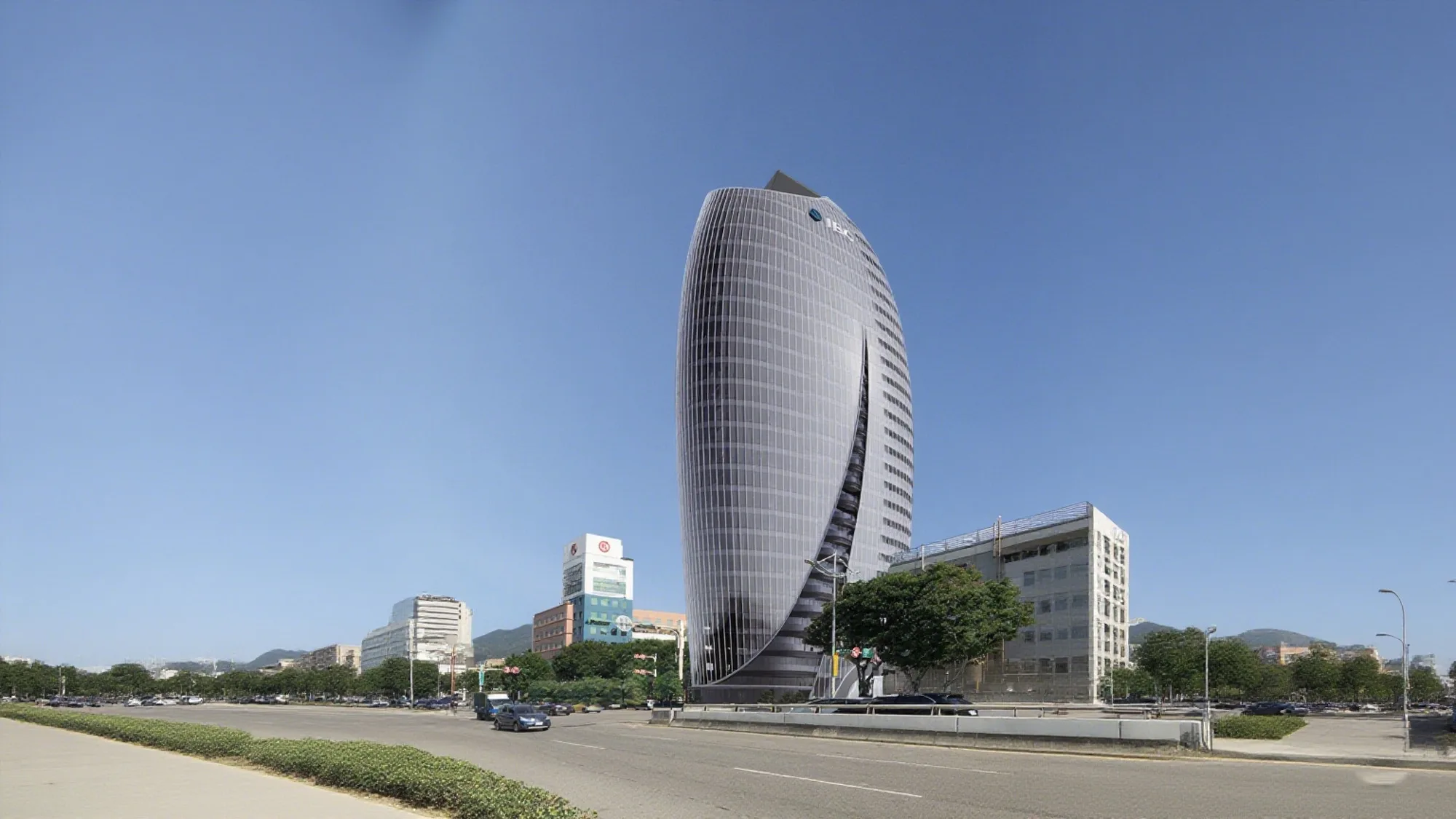 Aedas’ Taipei City Beitou District Sec. Daye Sec. 4 Plot 574 Office Project is shown as a sculptural high‑rise with a smoothly curved, vase‑like profile tapering toward the base. The image highlights a fluid glass façade, asymmetrical cut‑outs, and rounded balconies that create a distinctive landmark form inspired by the symbolic “treasure vase,” integrating cultural reference with contemporary office architecture along a major urban thoroughfare.