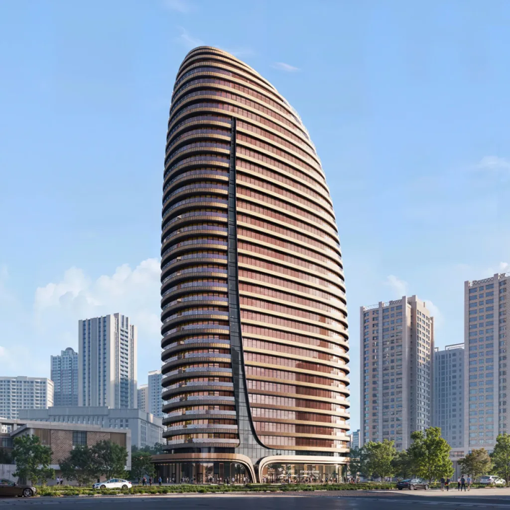 Aedas’ Taoyuan 53# Plot Office Project is shown as a sculptural high‑rise office tower with a rose‑gold glass façade and a softly tapering lotus‑inspired form. The image highlights horizontal corner incisions, layered balcony bands, and a curved metallic podium ribbon activating twin plazas. The luminous tower anchors Taoyuan’s Aerotropolis corridor, blending corporate efficiency with landmark presence and work‑life amenities.