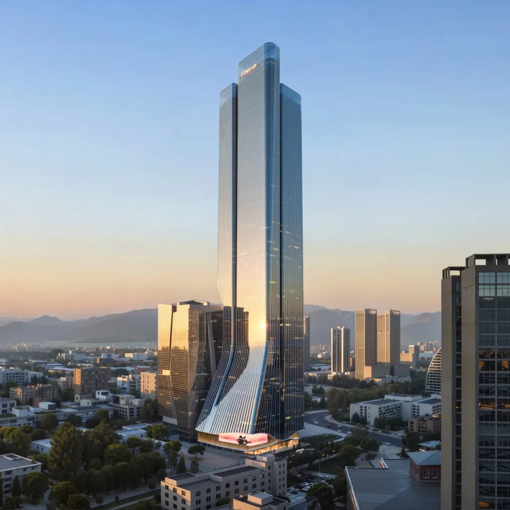 Aedas’ Eco Tower One in Ulaanbaatar is shown as a super‑tall, sculptural mixed‑use tower with a gently twisting, windmill‑inspired form rising prominently above the city. The image highlights a fluid glass curtain wall that expands toward the base, a luminous podium articulation, and a slender vertical silhouette engaging the surrounding urban grid and distant mountain landscape, establishing a powerful new skyline landmark for Mongolia’s capital.