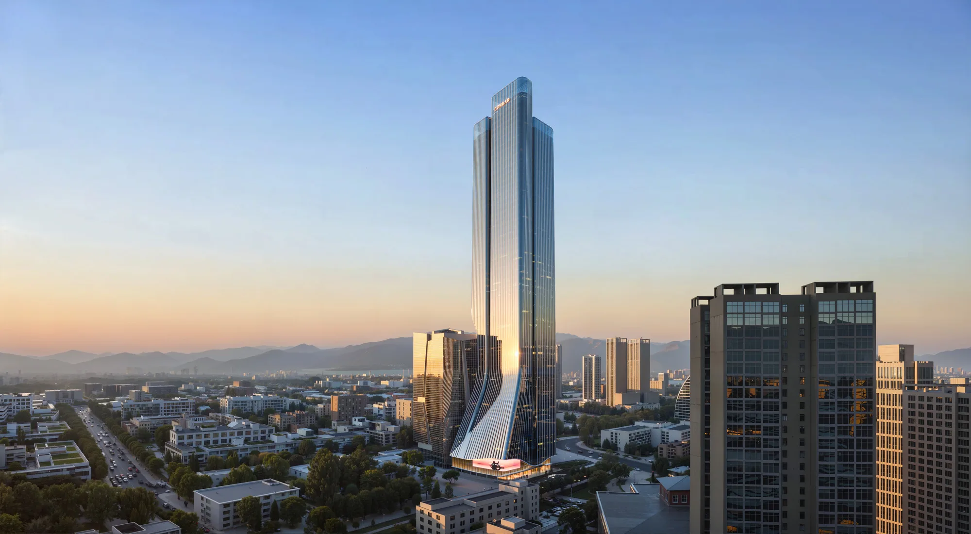 Aedas’ Eco Tower One in Ulaanbaatar is shown as a super‑tall, sculptural mixed‑use tower with a gently twisting, windmill‑inspired form rising prominently above the city. The image highlights a fluid glass curtain wall that expands toward the base, a luminous podium articulation, and a slender vertical silhouette engaging the surrounding urban grid and distant mountain landscape, establishing a powerful new skyline landmark for Mongolia’s capital.