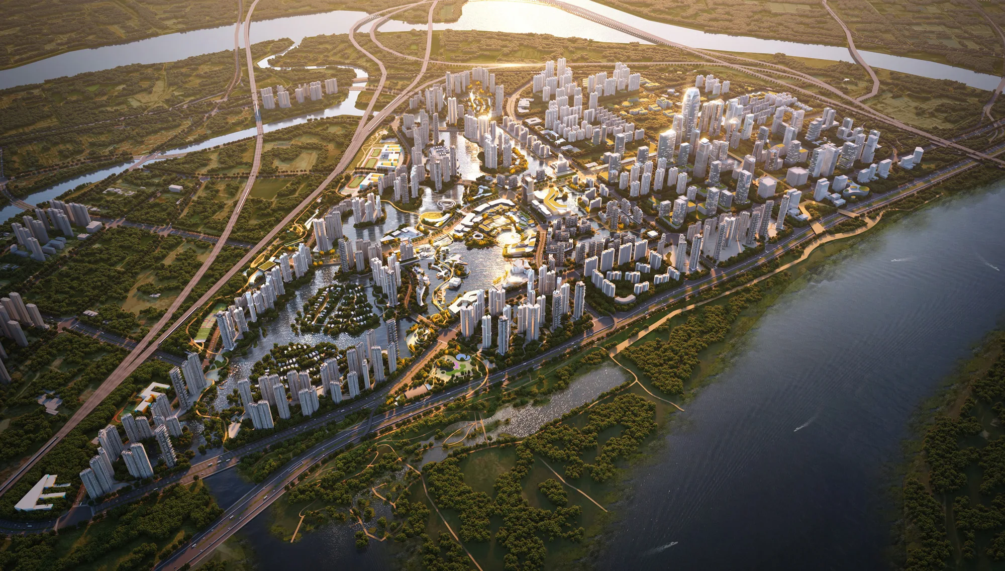 Aedas’s Shenjiaji area masterplan in Wuhan is depicted as a high‑density riverfront district with clustered residential and mixed‑use towers, a central civic core, and continuous waterfront green corridors. The aerial view emphasizes transit‑oriented urban blocks, river‑based blue‑green infrastructure, and large‑scale sustainable urban regeneration along the Yangtze River.