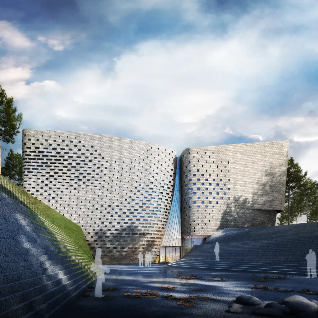 Aedas’ Beijing Artist Village Gallery is shown as a sculptural cultural complex set within a wooded landscape, comprising two fluid, curvilinear volumes clad in perforated stone‑like surfaces. The image highlights a restrained architectural expression inspired by Chinese ink‑wash painting, where softened edges, filtered light, and a stepped central courtyard blur boundaries between architecture, art, and nature to create an immersive, contemplative gallery experience.