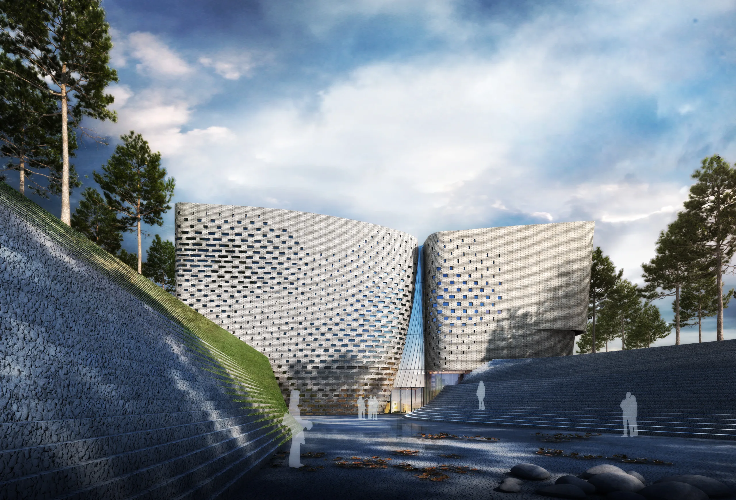Aedas’ Beijing Artist Village Gallery is shown as a sculptural cultural complex set within a wooded landscape, comprising two fluid, curvilinear volumes clad in perforated stone‑like surfaces. The image highlights a restrained architectural expression inspired by Chinese ink‑wash painting, where softened edges, filtered light, and a stepped central courtyard blur boundaries between architecture, art, and nature to create an immersive, contemplative gallery experience.