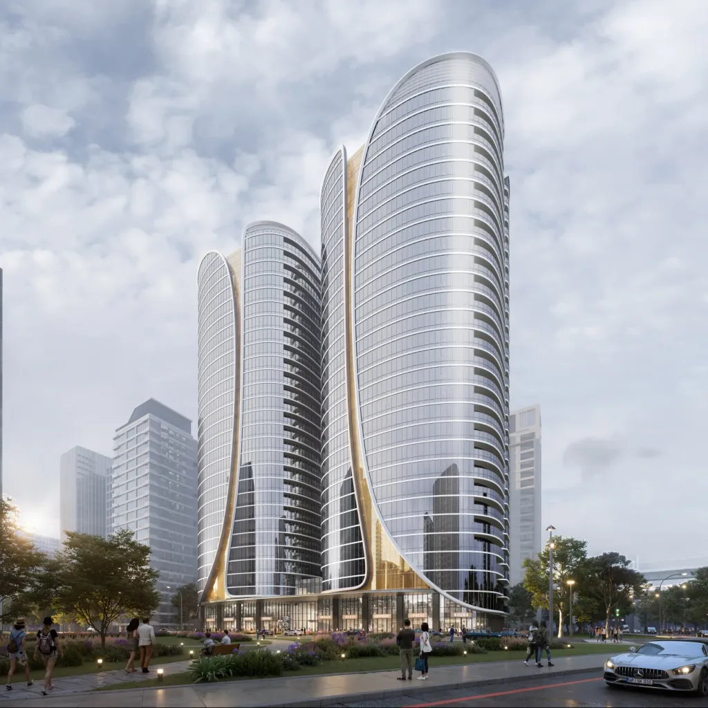 Aedas’ Taiwan Landmark in New Taipei City is shown as a pair of sculptural twin office towers with fluid, wing‑like curves and a textured glass façade inspired by a butterfly’s metamorphosis. The image highlights tapered vertical forms rising from a landscaped podium, integrating warm metallic accents and transparent ground‑level spaces to create a futuristic CBD landmark that symbolises urban transformation, renewal, and upward momentum within Xinzhuang Sub‑Center.
