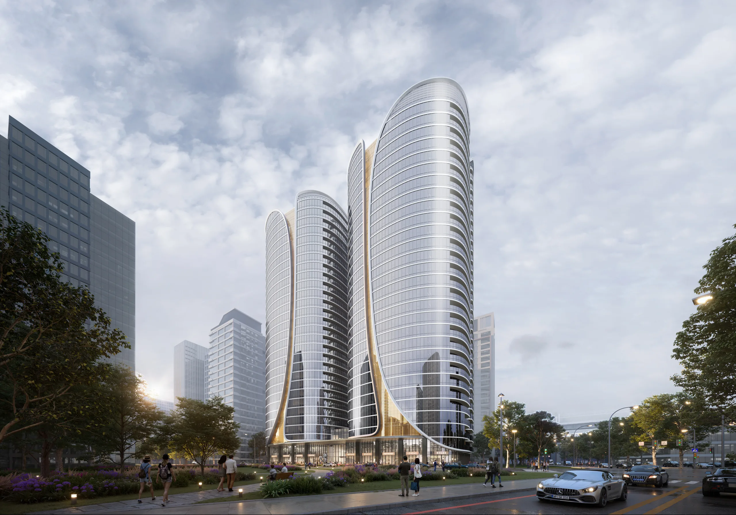 Aedas’ Taiwan Landmark in New Taipei City is shown as a pair of sculptural twin office towers with fluid, wing‑like curves and a textured glass façade inspired by a butterfly’s metamorphosis. The image highlights tapered vertical forms rising from a landscaped podium, integrating warm metallic accents and transparent ground‑level spaces to create a futuristic CBD landmark that symbolises urban transformation, renewal, and upward momentum within Xinzhuang Sub‑Center.