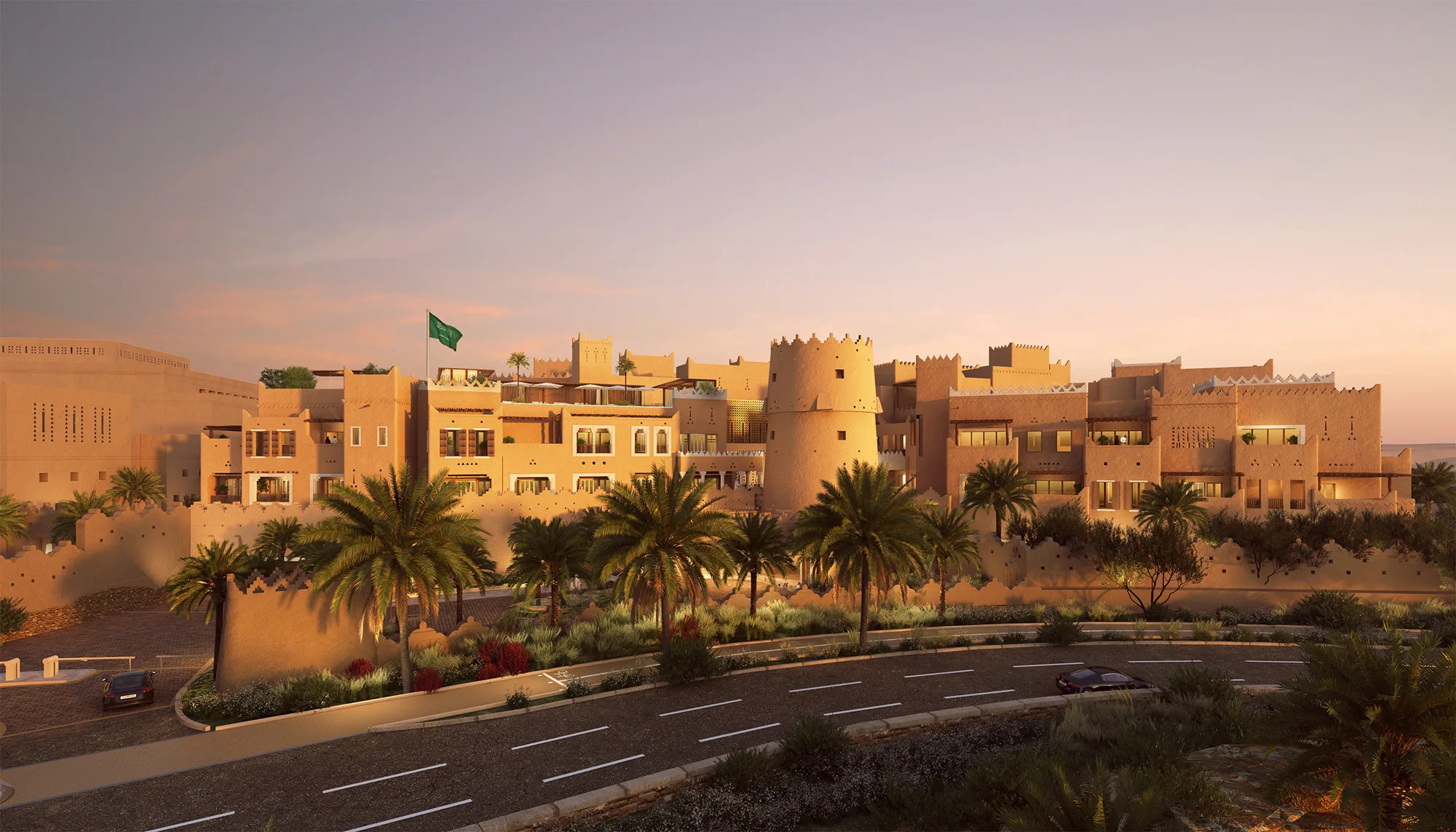 Aedas’ Capella Diriyah—low-rise luxury hotel with earth-toned masonry, fortress walls, palm-lined courtyards in desert setting. Aerial dusk view of Aedas’ Capella Diriyah in Saudi Arabia: low-rise hospitality complex formed by thick earth-toned masonry walls, corner towers and courtyards. Palm-lined landscape and perimeter walls define shaded circulation and arrival. The composition supports analysis of courtyard-based passive cooling, climate-responsive desert architecture and heritage-led luxury resort planning.
