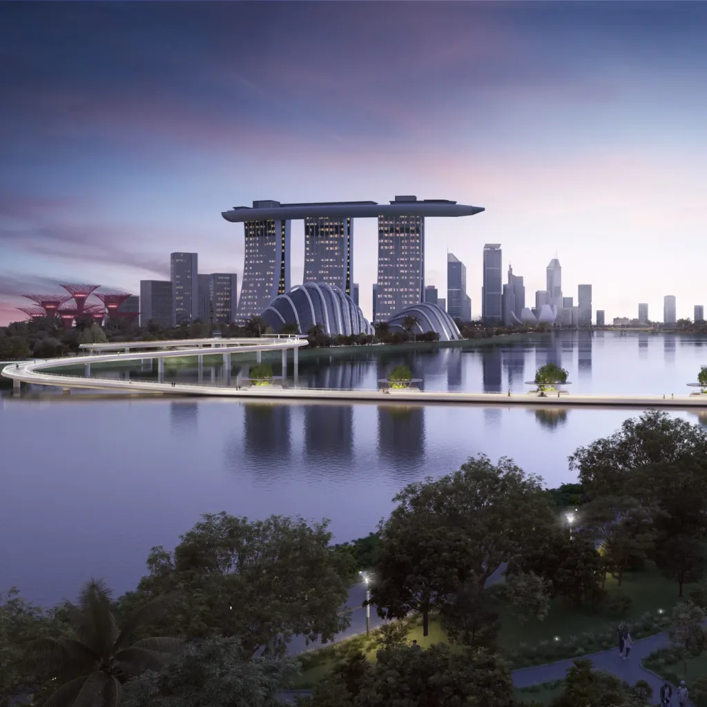 Aedas’s Marina Bay bridge with water‑level deck, illuminated pods, and canopy ascent across Kallang River.