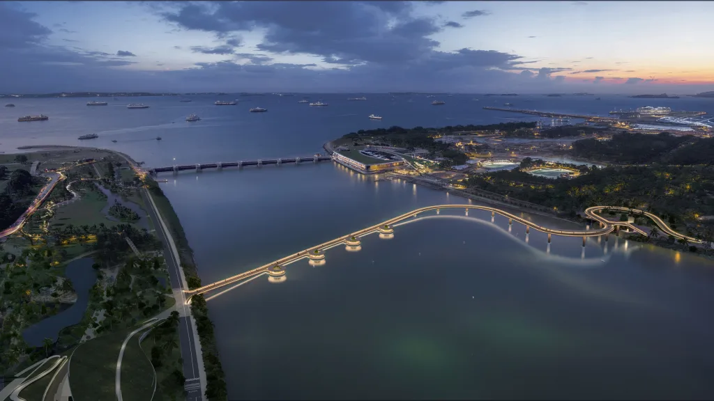 Aedas’s Marina Bay bridge with water‑level deck, illuminated pods, and canopy ascent across Kallang River.