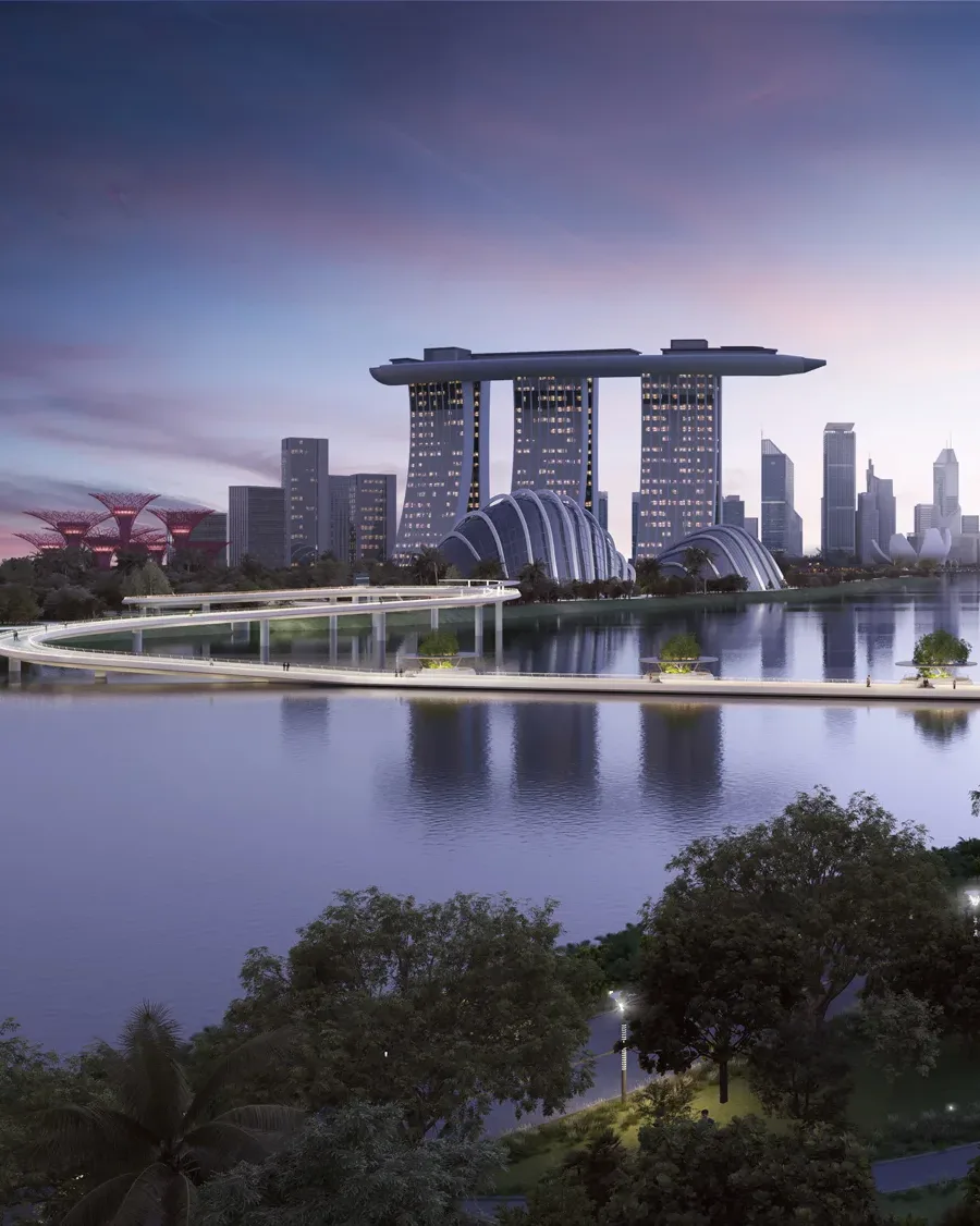 Aedas’s Marina Bay bridge with water‑level deck, illuminated pods, and canopy ascent across Kallang River.
